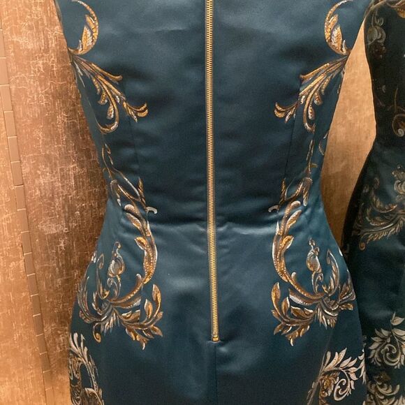 Roberto Cavalli Elegant teal  and Gold Floral mini dress, US6 - Picture 8 of 12